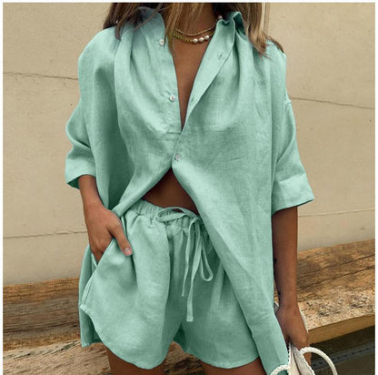 Women’s Shirt and Shorts Set – Linen Blend – Oversized Fit – Elastic Waist Casual Wear