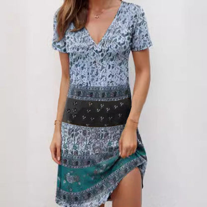 Women’s Mini Dress – Boho Patchwork – Relaxed Fit – Deep V-Neck – Cotton