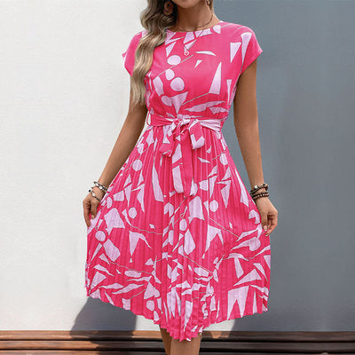 Women’s Midi Dress – Fit and Flare – Geometric Print – Pleated – Short Sleeve Belted