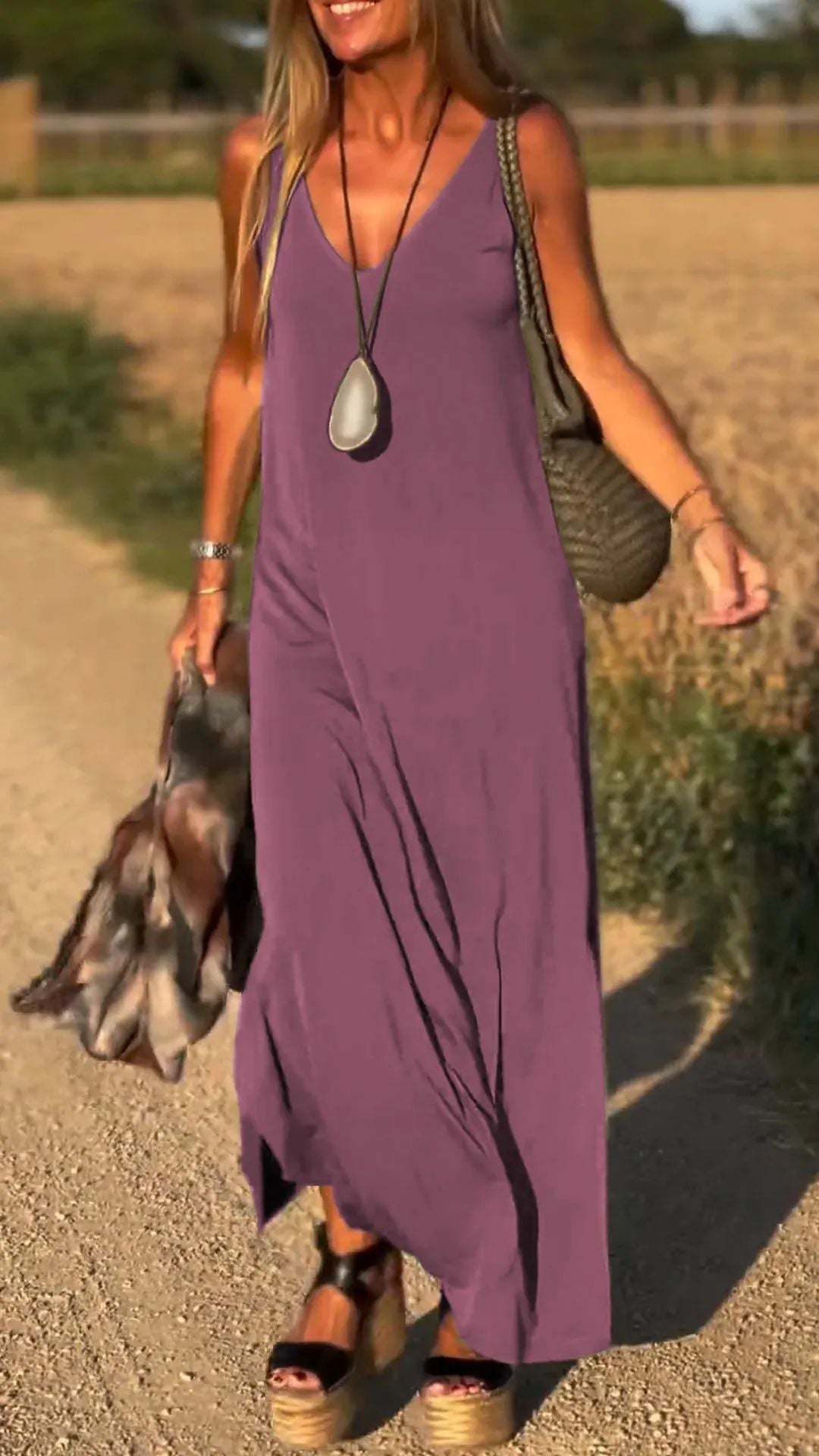 Women’s Maxi Dress – V-Neck – Relaxed Fit – Cotton Blend – Strappy Sleeveless Design