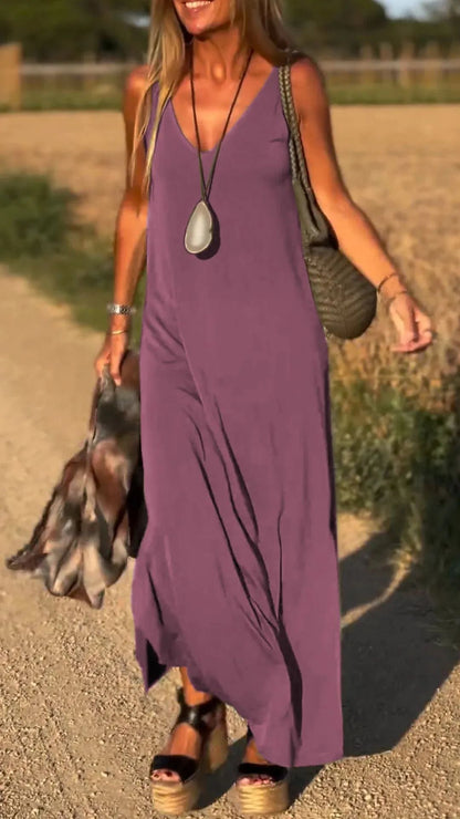 Women’s Maxi Dress – V-Neck – Relaxed Fit – Cotton Blend – Strappy Sleeveless Design