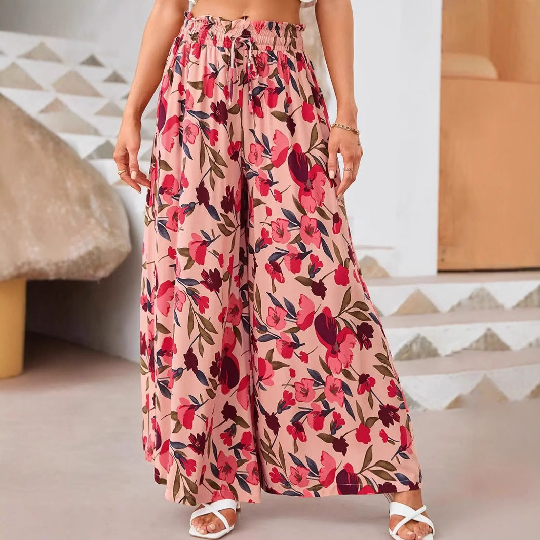 Women’s Wide-Leg Pants – Chiffon – High Waist – Floral Print – Drawstring Elastic Waist