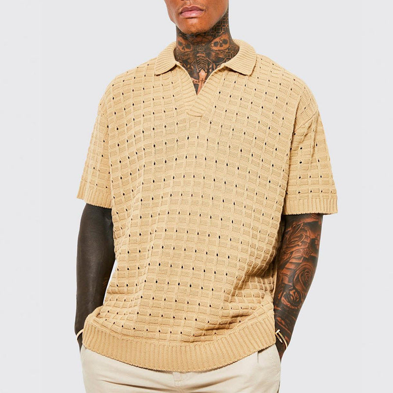 Men’s Knit Polo Shirt – Relaxed Fit – V-Neck – Short Sleeve – Breathable Cotton Blend