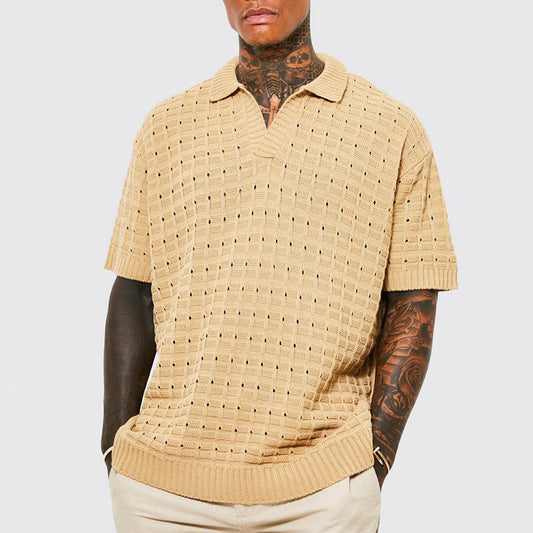 Men’s Knit Polo Shirt – Relaxed Fit – V-Neck – Short Sleeve – Breathable Cotton Blend