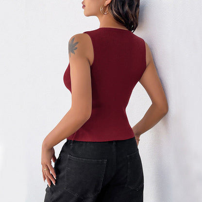 Women’s Sleeveless Vest Top – Slim Fit – Ribbed Knit – Cut-Out Front – Frog Closures