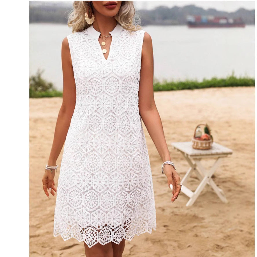 Women’s Mini Dress – Geometric Lace – Straight Fit – Sleeveless V-Neck Stylish Look