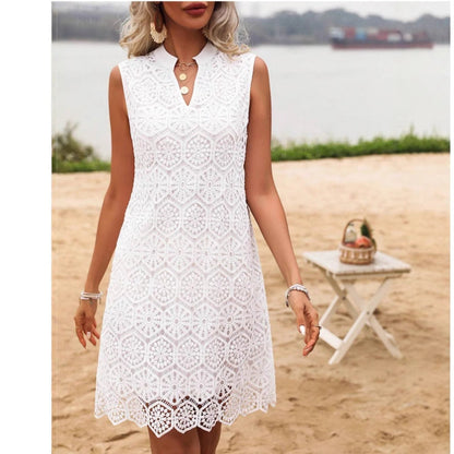 Women’s Mini Dress – Geometric Lace – Straight Fit – Sleeveless V-Neck Stylish Look