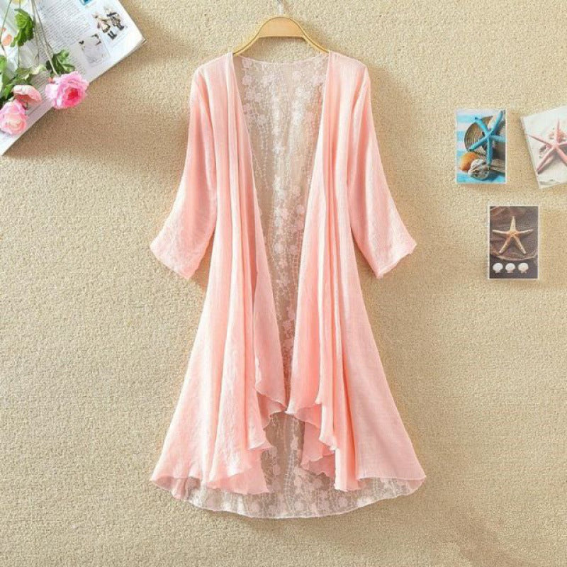 Women’s Mid-Length Cardigan – Lace Back – Open Front – Loose Fit – Breathable Blend