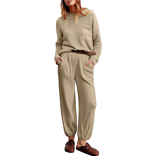 Women’s Two-Piece Set – Knitted Long Sleeve Top – Elastic Waist Jogger Trousers – Relaxed Fit