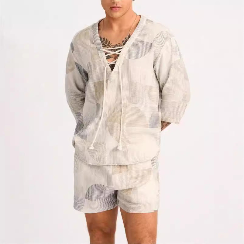 Men’s Shirt and Shorts Set – Lace-Up Neck – Relaxed Fit – Breathable Cotton Blend
