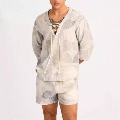 Men’s Shirt and Shorts Set – Lace-Up Neck – Relaxed Fit – Breathable Cotton Blend