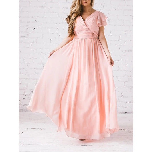 Women’s Maxi Dress – Flowing Silhouette – Flutter Sleeves – V-Neck – Luxury Fabric