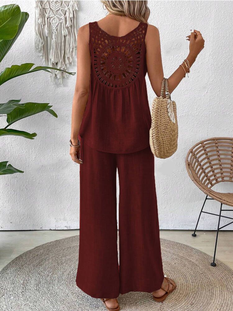 Women’s Summer Set – Sleeveless Crochet Top & Flowy Wide-Leg Pants – Casual Two-Piece Outfit