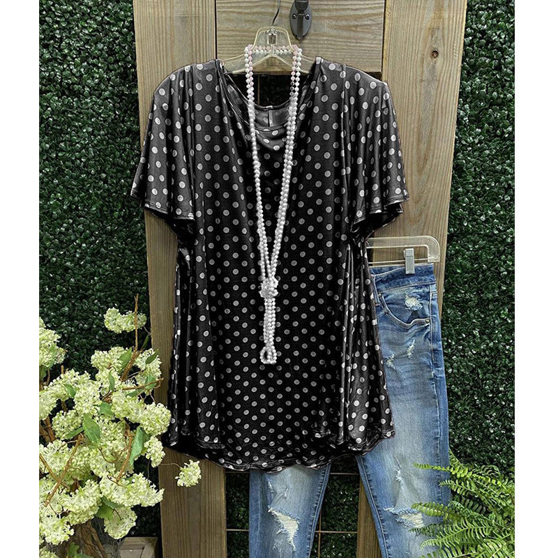 Women’s Tunic Top – Relaxed Fit – Short Sleeve – Polka Dot – Breathable Blend