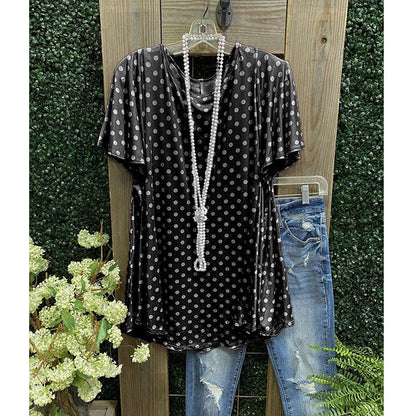 Women’s Tunic Top – Relaxed Fit – Short Sleeve – Polka Dot – Breathable Blend