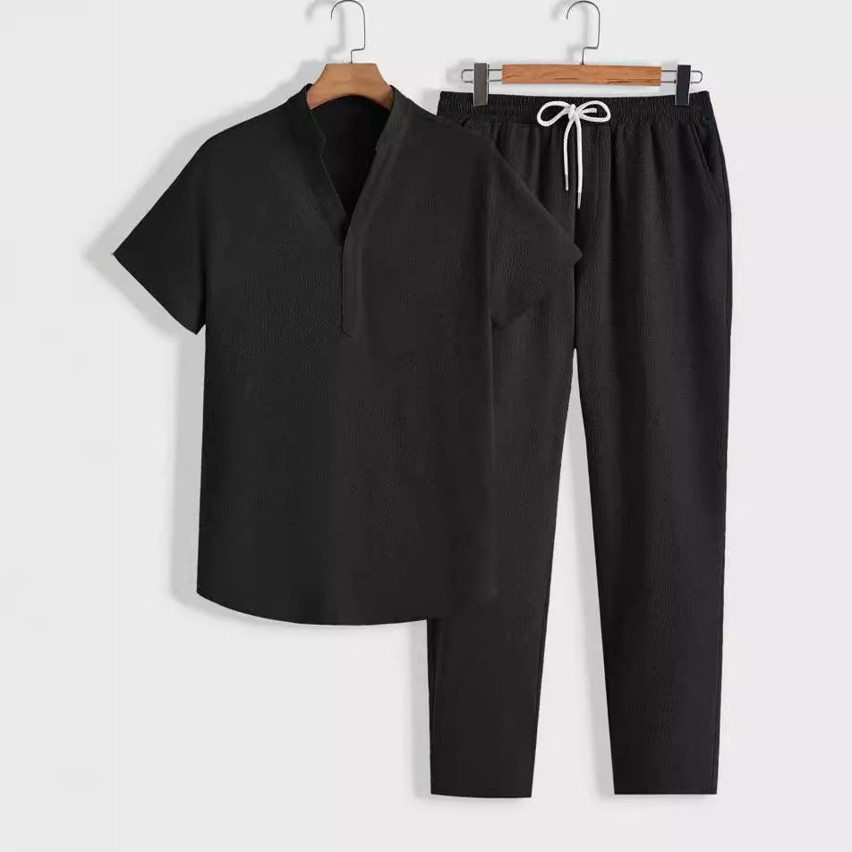 Men’s Athletic Set – Breathable Relaxed Fit – Short Sleeve Top and Drawstring Trousers