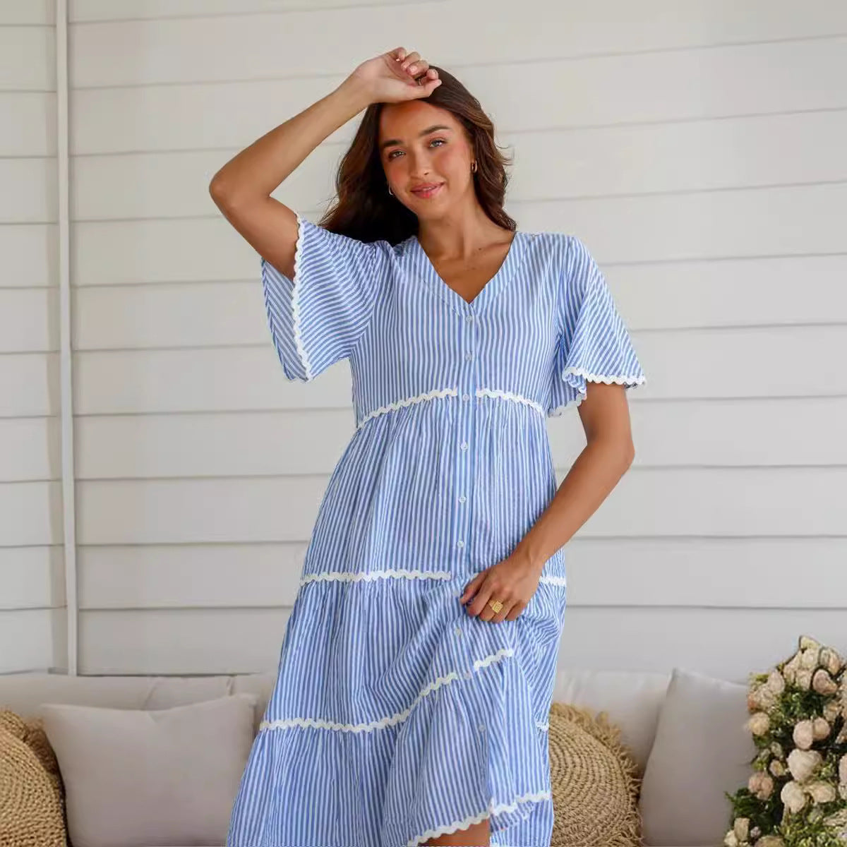 Women’s V-Neck Dress – Loose Fit – Tiered Layers with Lace Trim – Short Sleeve Cotton Blend