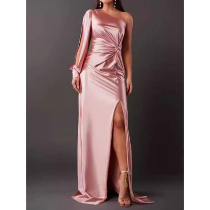 Women’s Maxi Dress – Satin Finish – One Shoulder – High Slit – Ruched Waist – Slim Fit