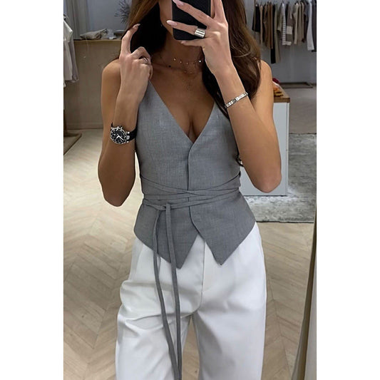 Women’s Vest Top – Tailored Fit – V-Neck – Lace-Up Waist – Linen