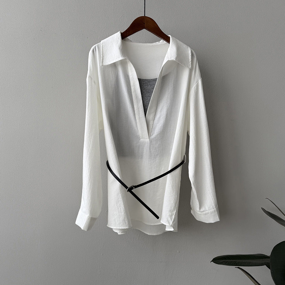 Women’s Blouse – Lightweight Cotton Blend – Relaxed Fit – Long Sleeve – Belted Waist