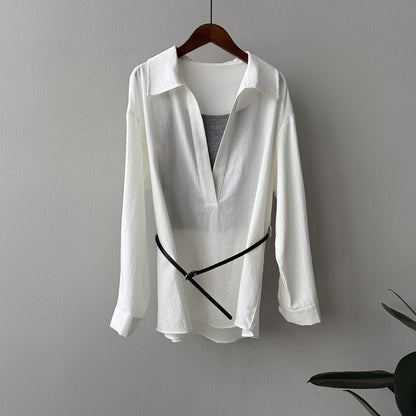 Women’s Blouse – Lightweight Cotton Blend – Relaxed Fit – Long Sleeve – Belted Waist