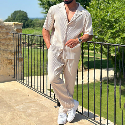 Men’s Athleisure Set – Relaxed Fit – Short Sleeve Shirt – Straight Leg Trousers – Breathable Blend