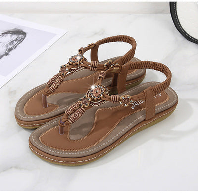 Women’s Sandals – Flat Sole – Woven Thong Strap – Wood Bead Embellished – Casual Fit
