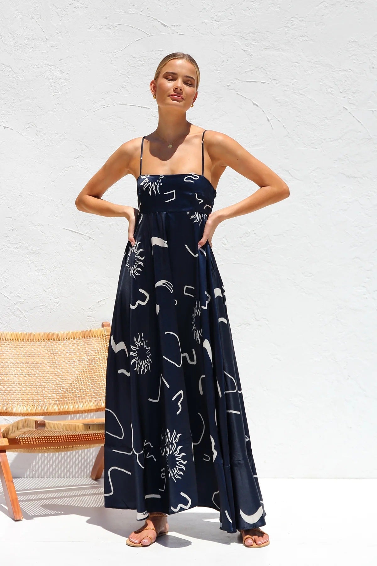Women’s Maxi Dress – Soft Cotton Blend – Slim Fit Bodice – Spaghetti Straps A-Line