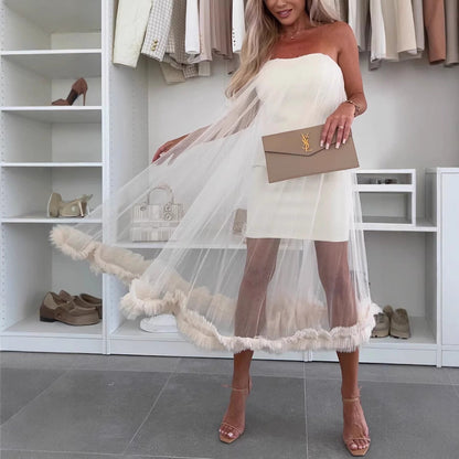 Women’s Midi Dress – Strapless A-Line – Tulle Overlay – Ruffle Hem – Loose Fit