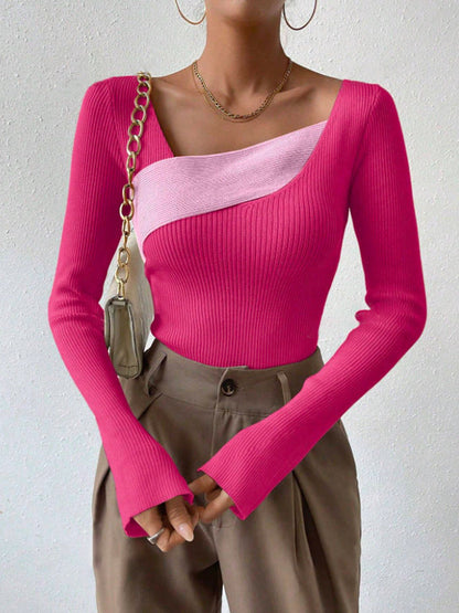 Women’s Knit Top – Slim Fit – Ribbed Texture – Asymmetric Neckline – Long Sleeve