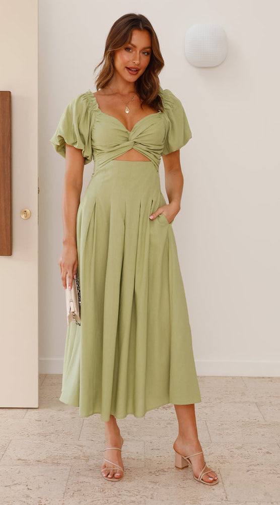 Women’s Midi Dress – Fit and Flare – Puff Sleeve – V-Neck – Lightweight Draped Fabric