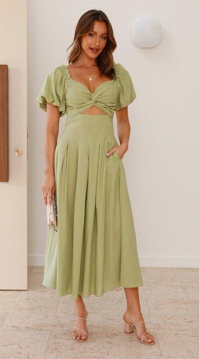 Women’s Midi Dress – Fit and Flare – Puff Sleeve – V-Neck – Lightweight Draped Fabric