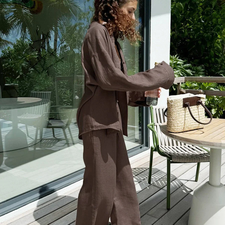 Women’s Two-Piece Set – Oversized Button-Up Shirt – Wide-Leg Trousers – Linen Blend