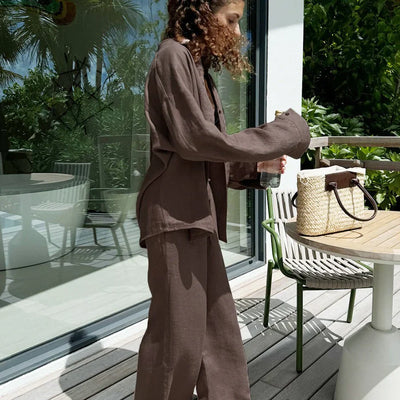 Women’s Two-Piece Set – Oversized Button-Up Shirt – Wide-Leg Trousers – Linen Blend