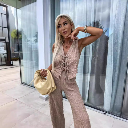 Women’s Sleeveless Top and Pants Set – Crinkled Texture – V-Neck Tie Front – Relaxed Fit