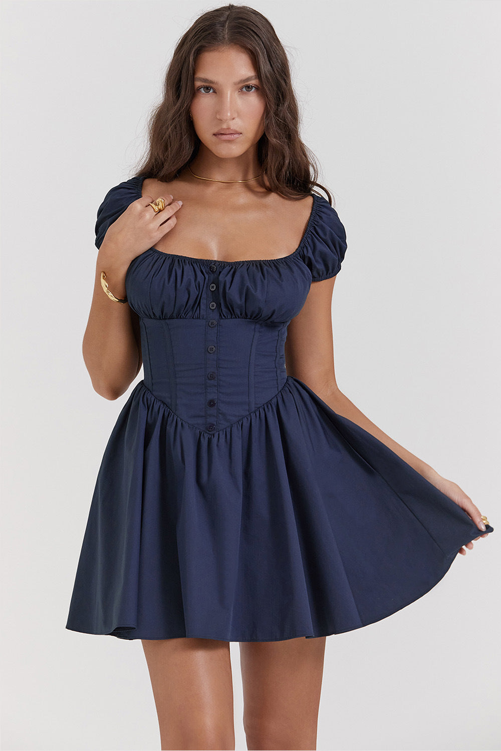 Women’s Mini Dress – Slim Fit – Puff Sleeve – Square Neck – Button Front – Cotton Blend