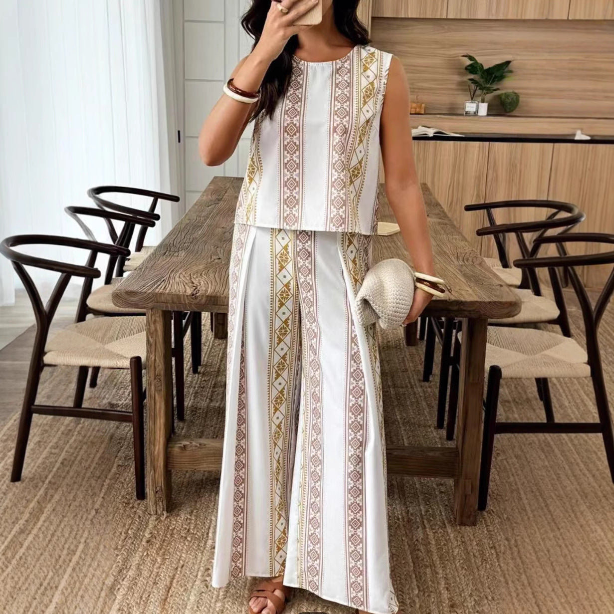 Women’s Sleeveless Top and Wide-Leg Pants Set – Cotton Linen Blend – Relaxed Fit – Geometric Print