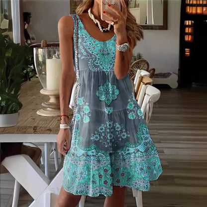 Women’s Casual Dress – Flowy Fit – Sleeveless Scoop Neck – Tiered – Ornamental Print