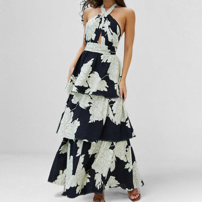 Women’s Maxi Dress – Halter Neck – Tiered A-Line – Keyhole Front – Flowy Chiffon