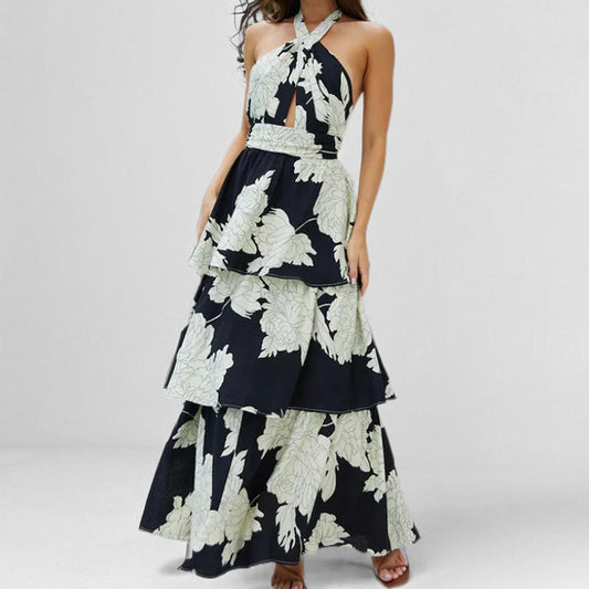 Women’s Maxi Dress – Halter Neck – Tiered A-Line – Keyhole Front – Flowy Chiffon