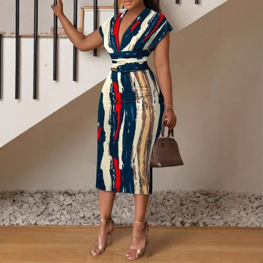 Women’s Midi Dress – Bodycon Slim Fit – V-Neck Patchwork Denim Look – Cap Sleeve