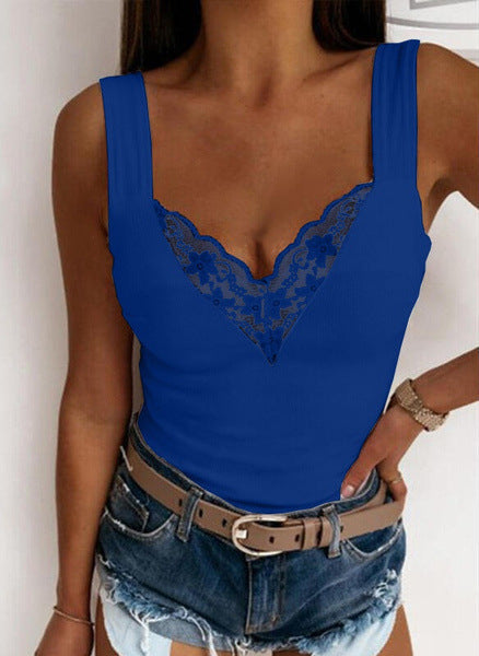 Women's Sleeveless Top - Lace V-Neck - Fitted Lightweight Casual Wear