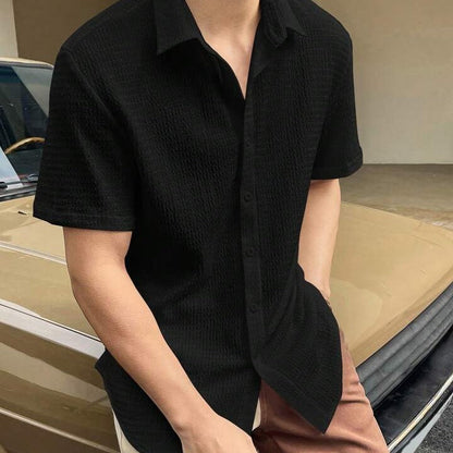 Men’s Short Sleeve Shirt – Cotton Blend – Regular Fit – Textured Button-Front Casual