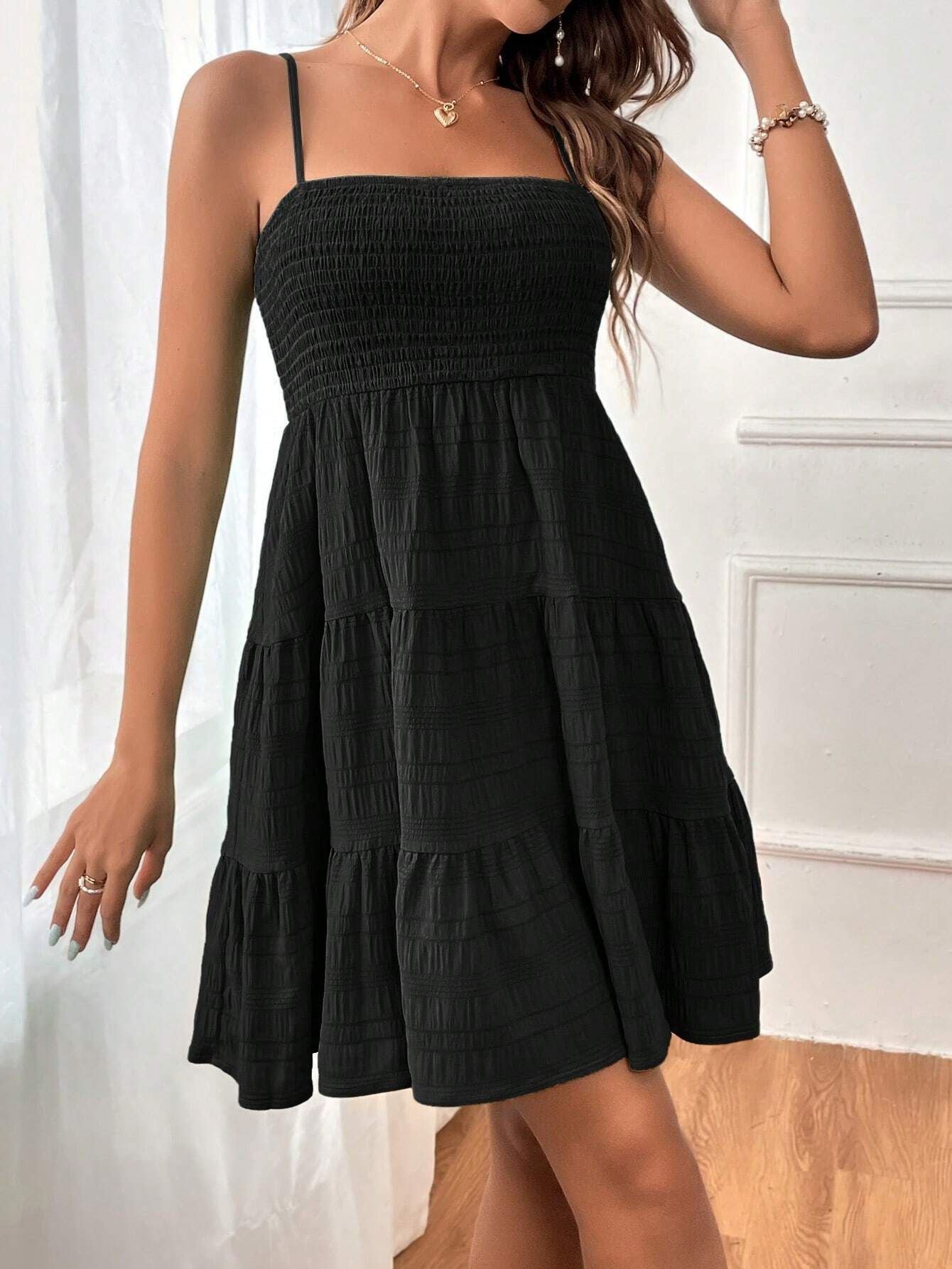 Women’s Short Dress – Smocked Bodice – Sleeveless A-Line – Tiered Cotton Casual Wear