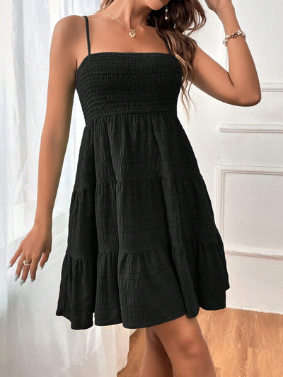 Women’s Short Dress – Smocked Bodice – Sleeveless A-Line – Tiered Cotton Casual Wear