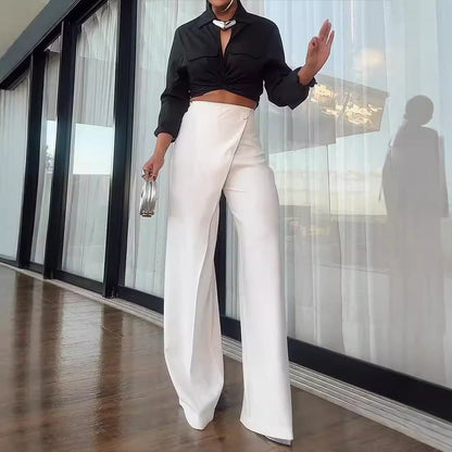 Women’s Wide-Leg Trousers – High Waist – Satin Finish – Wrap Front – Full Length