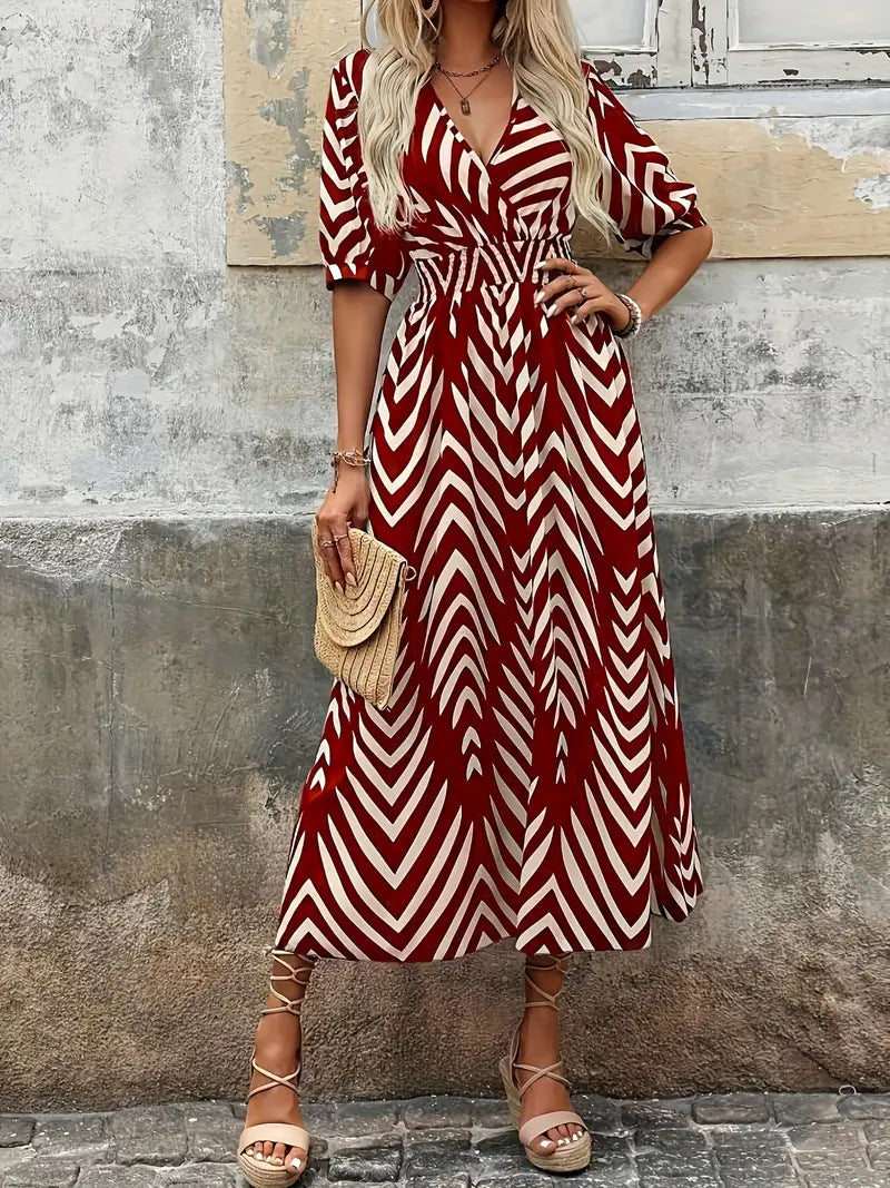 Women’s Midi Dress – A-Line Fit – V-Neck Wrap – Belted Waist – Puff Sleeves – Geometric Print