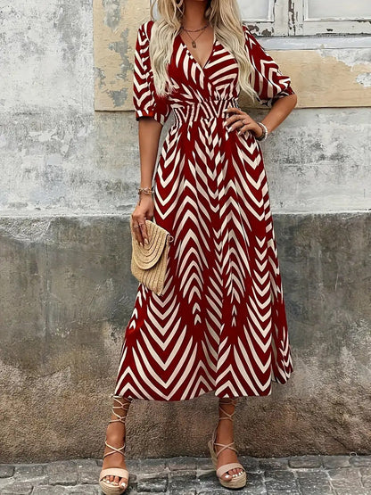 Women’s Midi Dress – A-Line Fit – V-Neck Wrap – Belted Waist – Puff Sleeves – Geometric Print