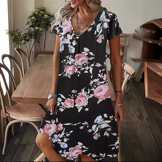 Women’s Dress – Floral Print – Loose Fit – V-Neck – Short Sleeve – Cotton Feel