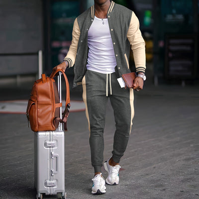 Men’s Athleisure Set – Tailored Fit – Contrast Sleeves – Snap Button Closure - Adjustable Drawstring Pants - With Side Pockets